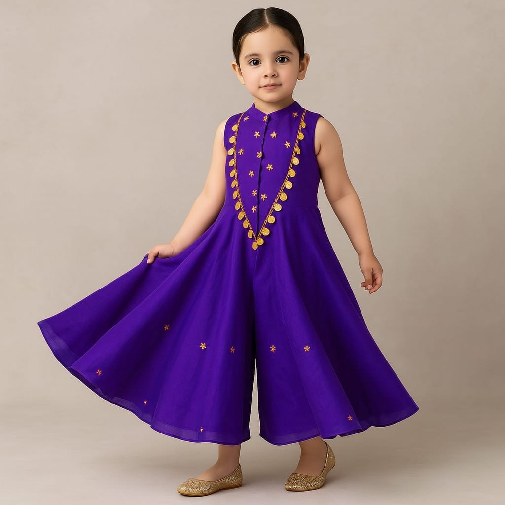 Pre Order: Brinjal Purple Ethnic Floral Sequins Work Flowy Jumpsuit
