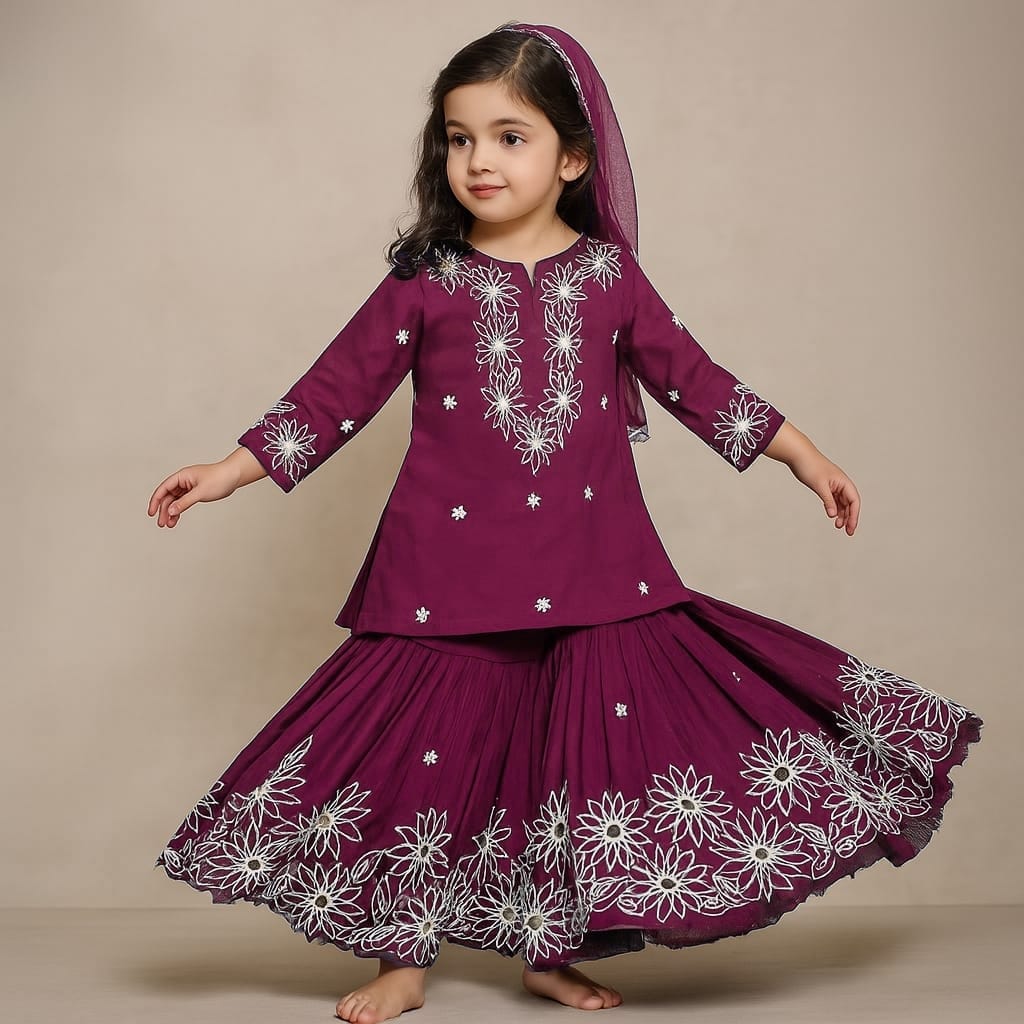 Pre Order: Magneta Front Placket Kurti And Pleated Sharara With Net Dupatta
