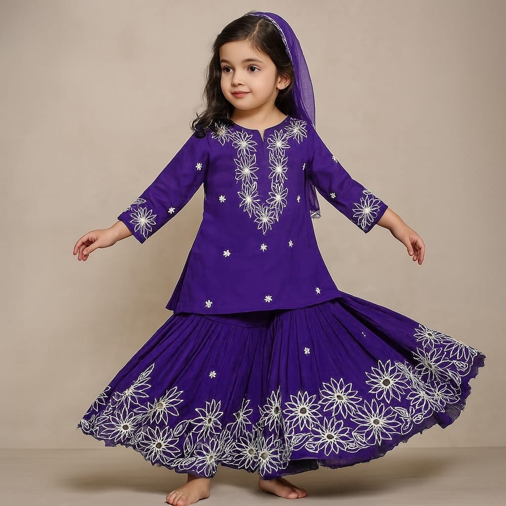 Pre Order: Purple Front Placket Kurti And Pleated Sharara With Net Dupatta
