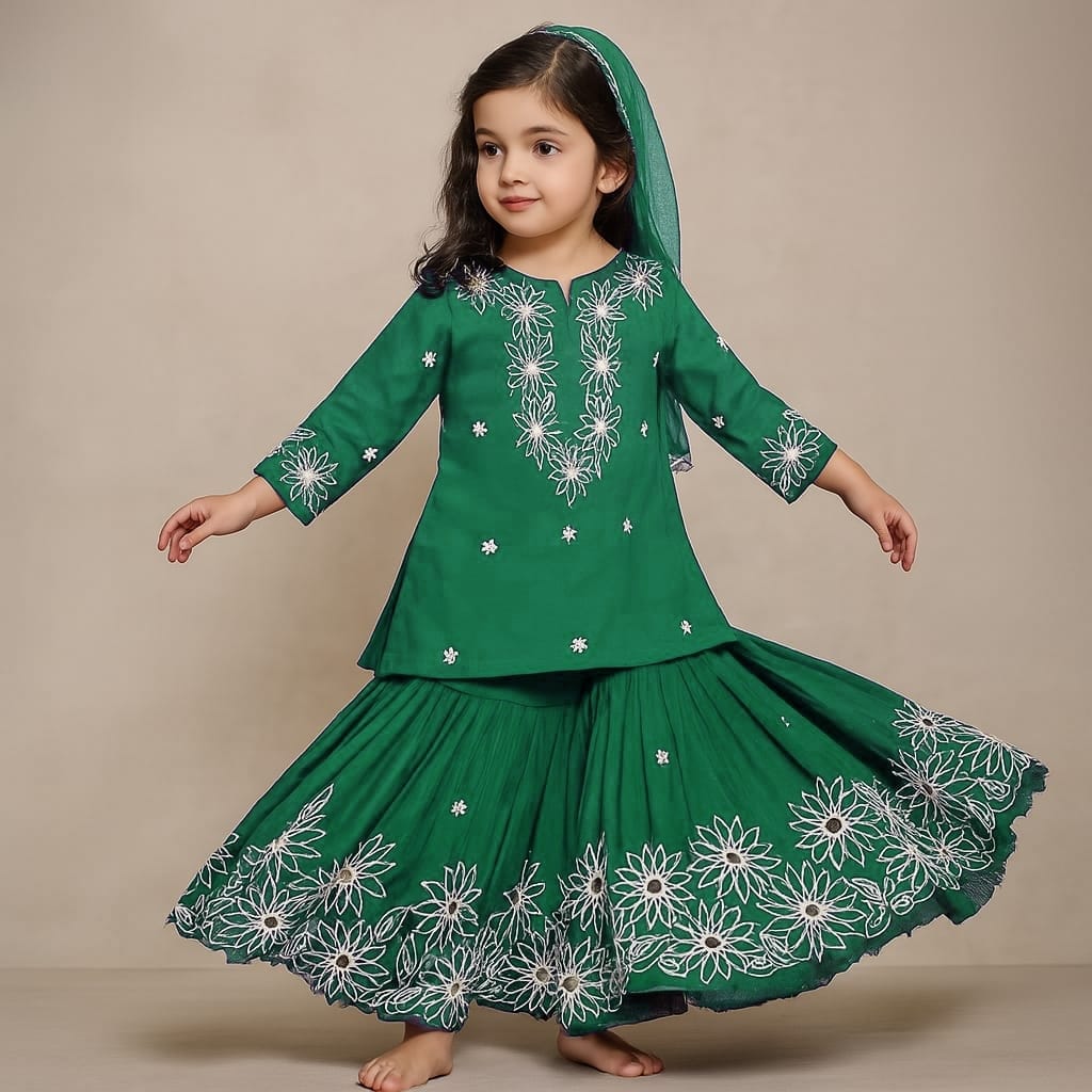 Pre Order: Green Front Placket Kurti And Pleated Sharara With Net Dupatta