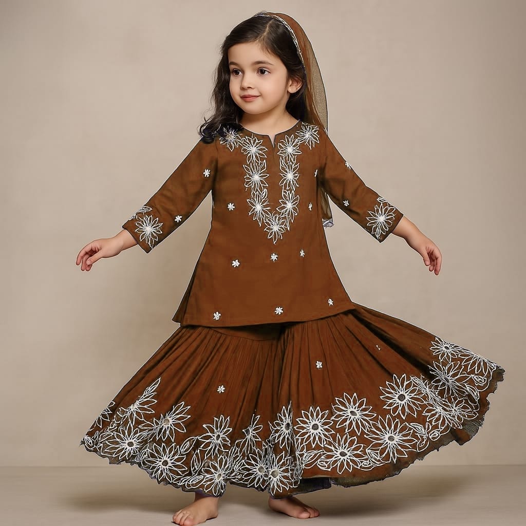 Pre Order: Brown Front Placket Kurti And Pleated Sharara With Net Dupatta