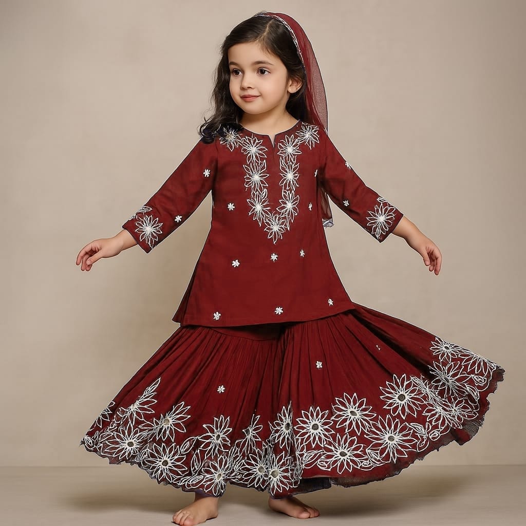 Pre Order: Maroon Front Placket Kurti And Pleated Sharara With Net Dupatta