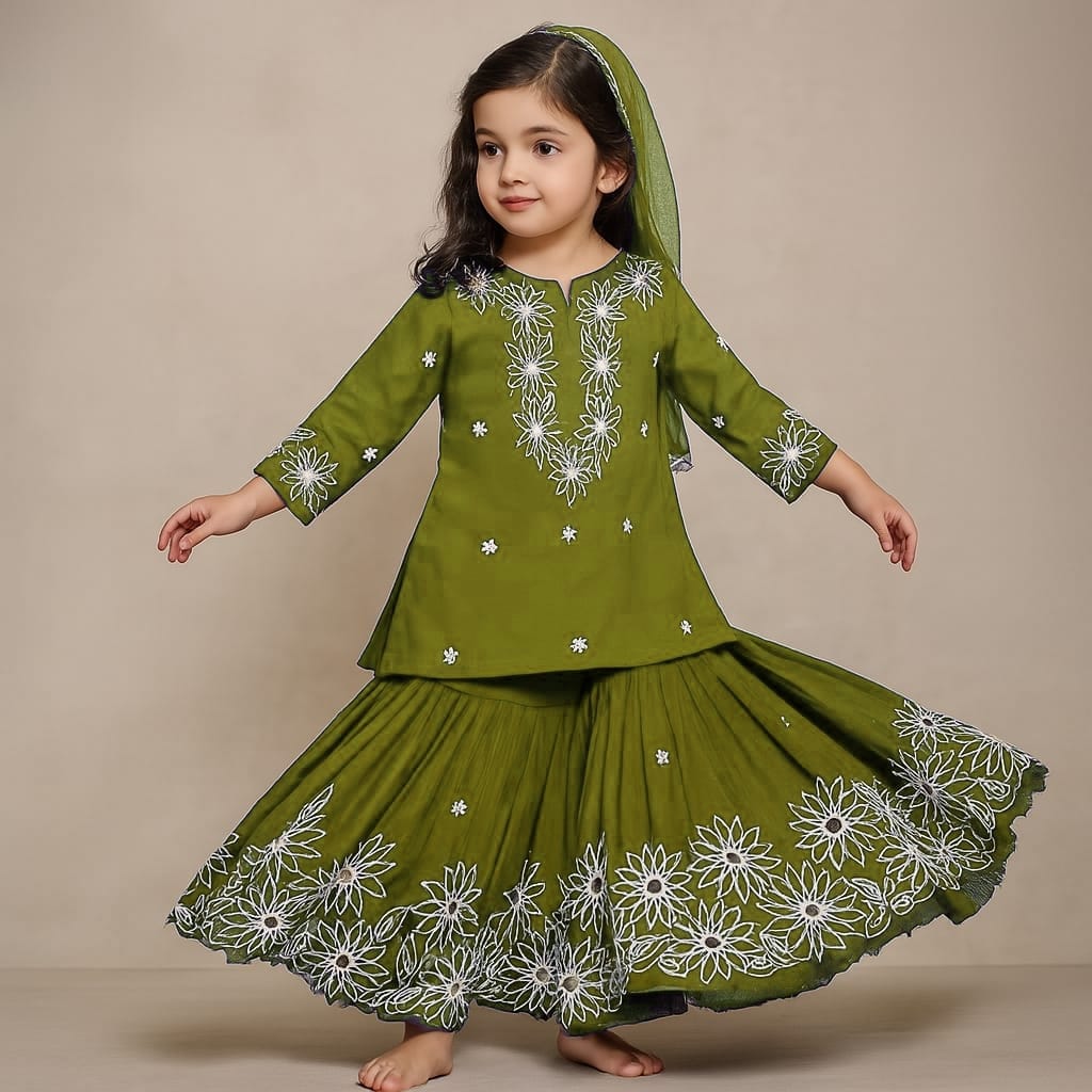 Pre Order:Mehendi Front Placket Kurti And Pleated Sharara With Net Dupatta