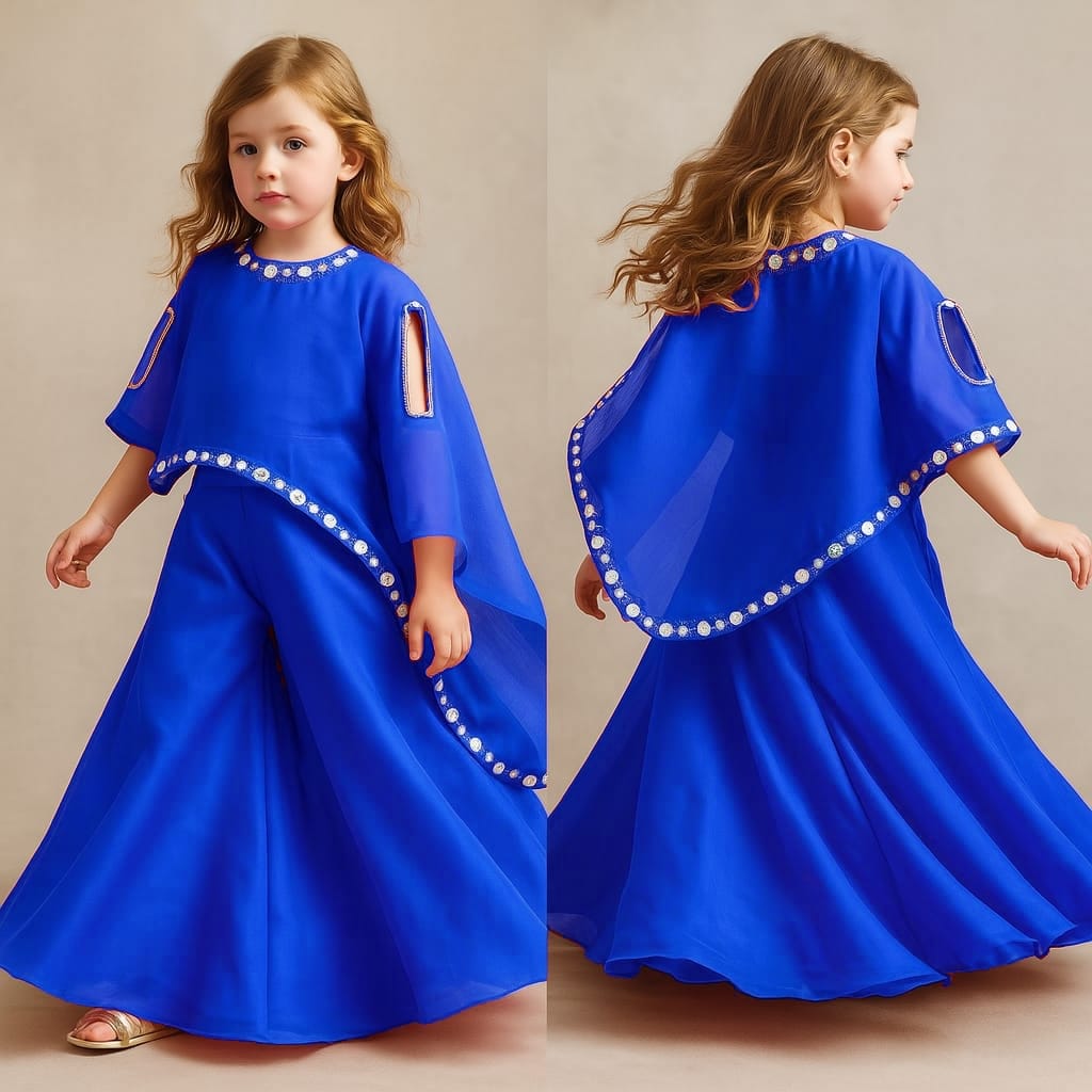 Pre Order: Royal Blue Top With Asymmetric Stylish Cape And Palazzo