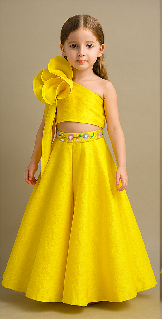 Pre Order: Elegant Yellow Ruffle Twisted One Shoulder Top With Flared Palazzo