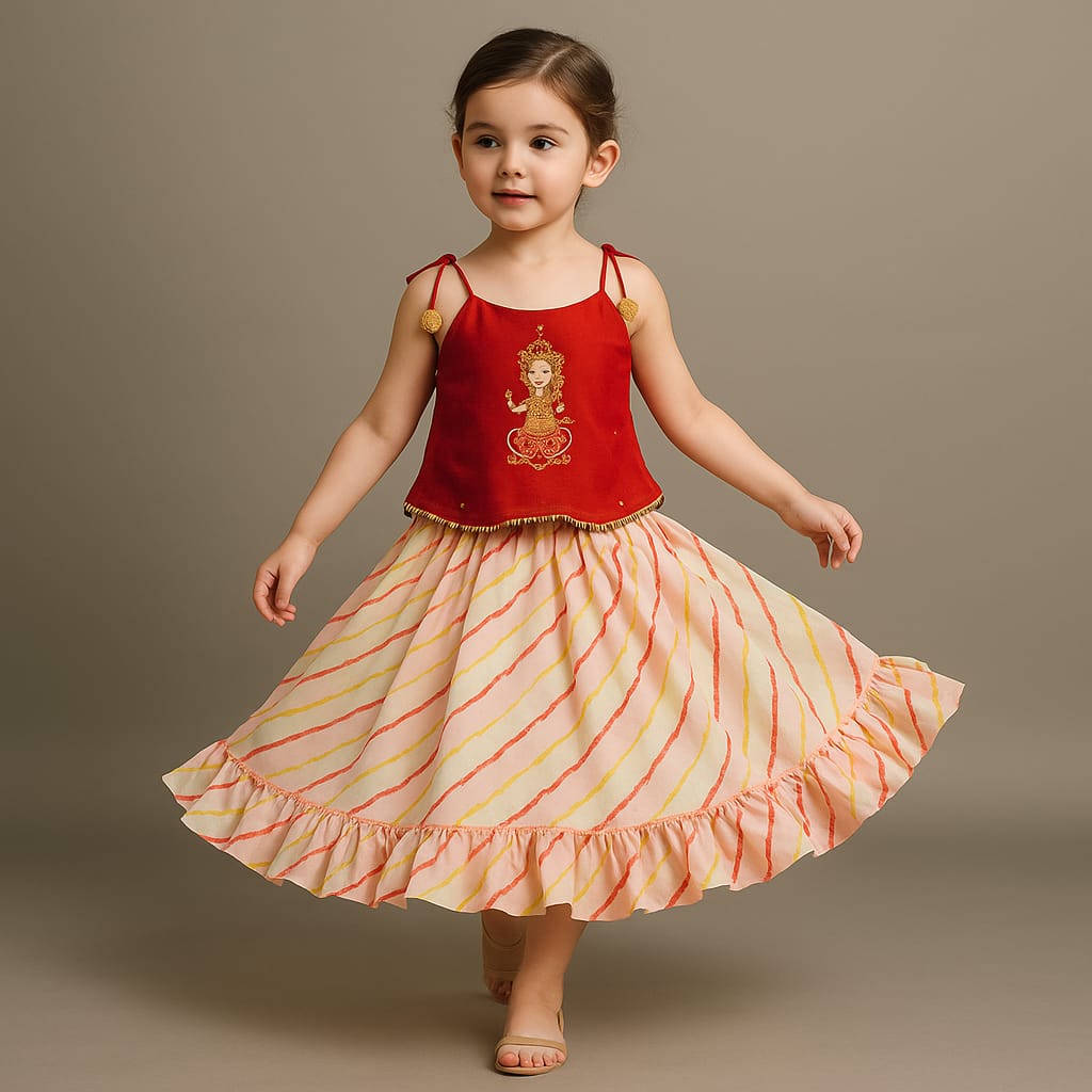 Pre Order: Goddess Embroidered Red Strappy Tie-Up Top With Multicoloured Lehenga