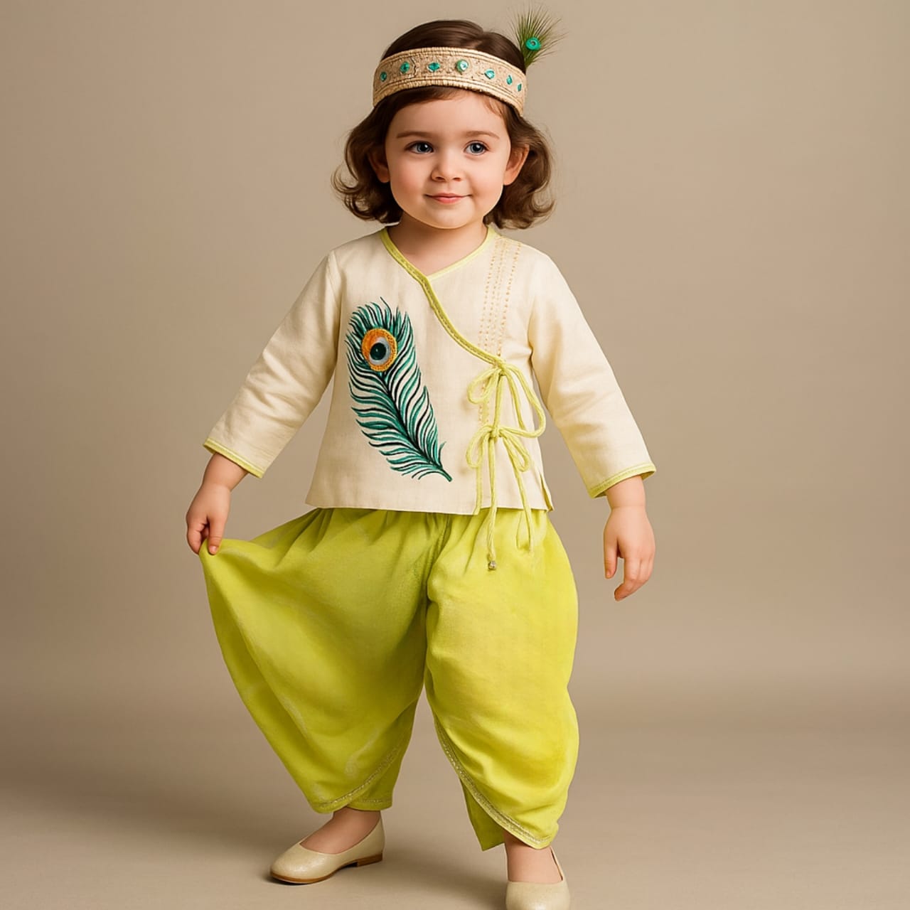 Pre Order: Mor Pankh Embroidered Off White Top And Green Dhoti