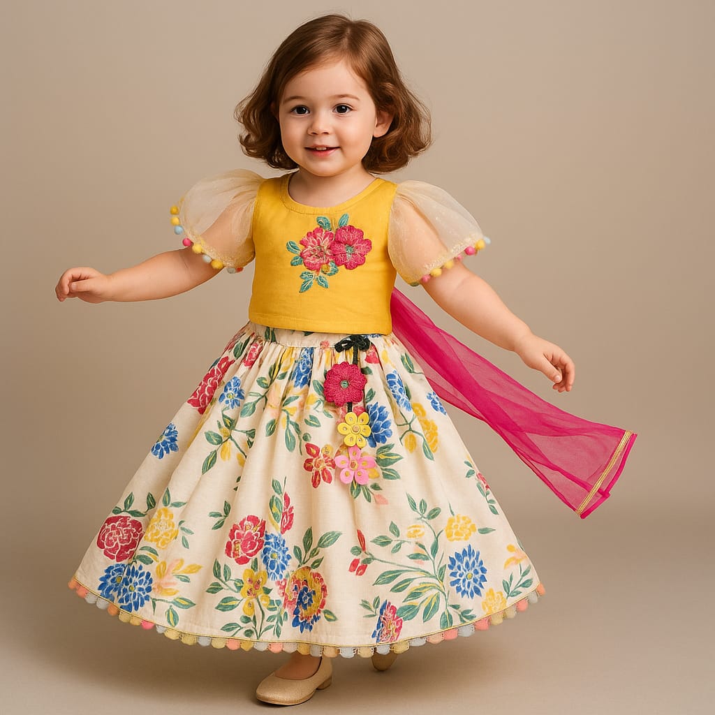 Pre Order: Floral Embroidered Top And Printed Lehenga With Net Dupatta