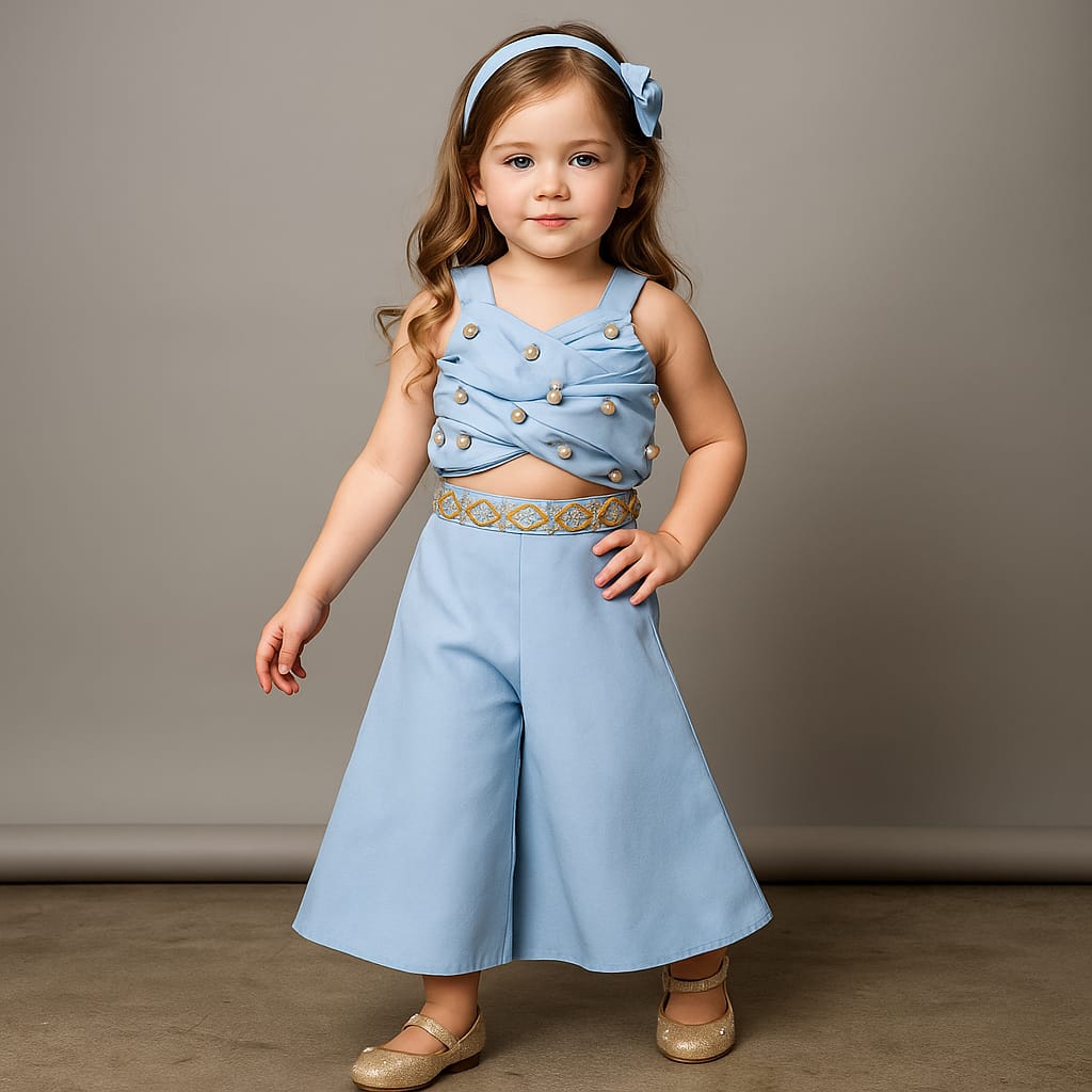 Pre Order: Blue Draped Embellished Top With Palazzo