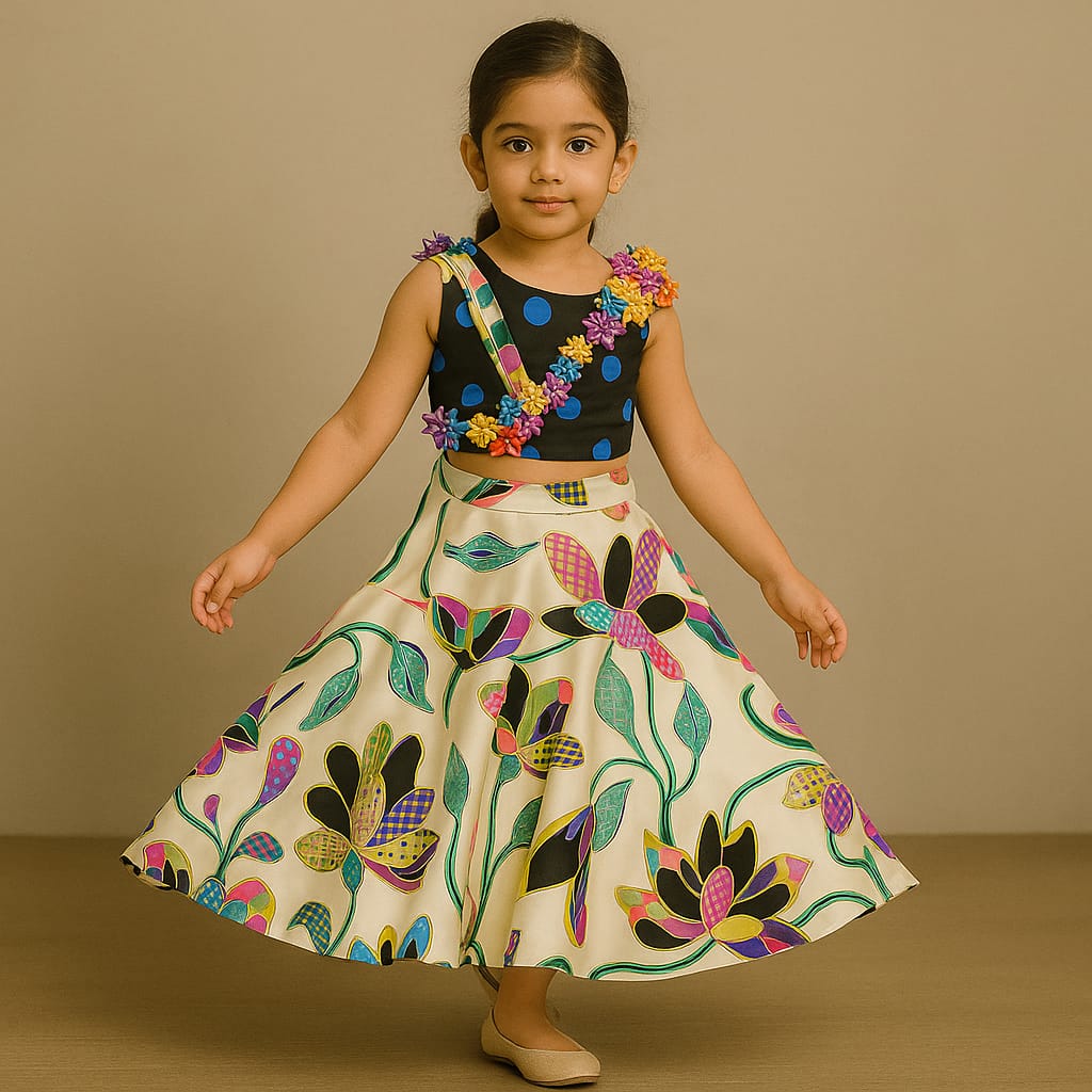 Pre Order: Colourful Flowers Embellished Pleated Black Top And Lehenga