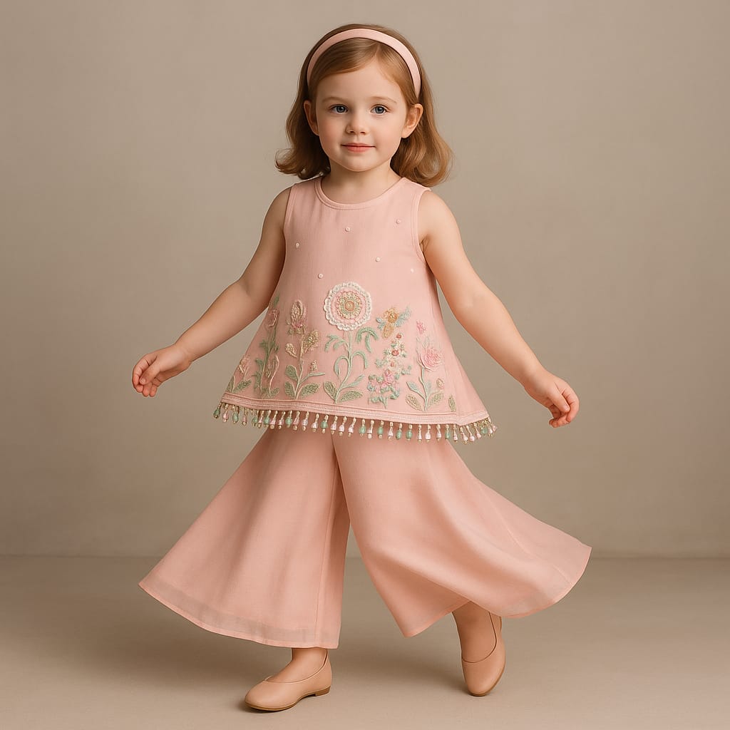 Pre Order: Pink Sleeveless Floral Embroidered Kurti With Flared Palazzo And Dupatta