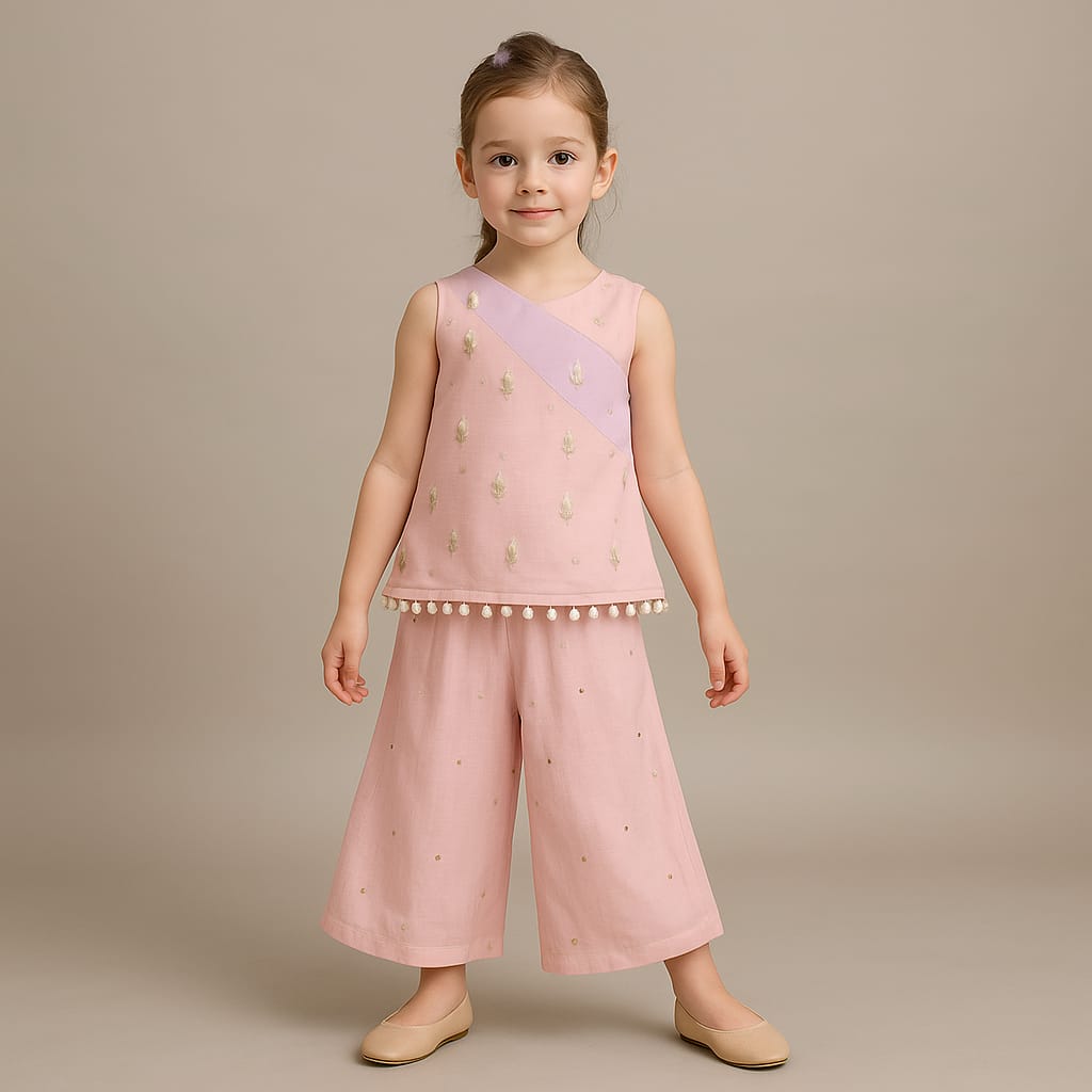 Pre Order: Pink One Shoulder Embroidered Kurti With Palazzo And Attached Dupatta