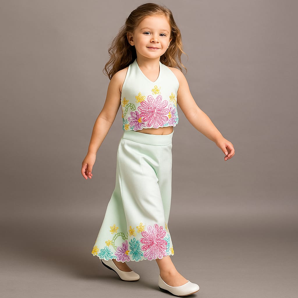 Pre Order: Floral Embroidered Blue Halter Neck Top With Palazzo