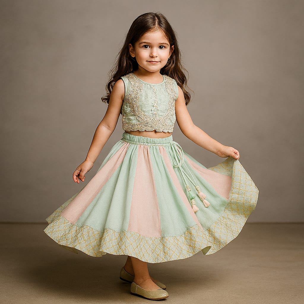 Pre Order: Sleeveless Embroidered Top With Shimmery Flared Lehenga