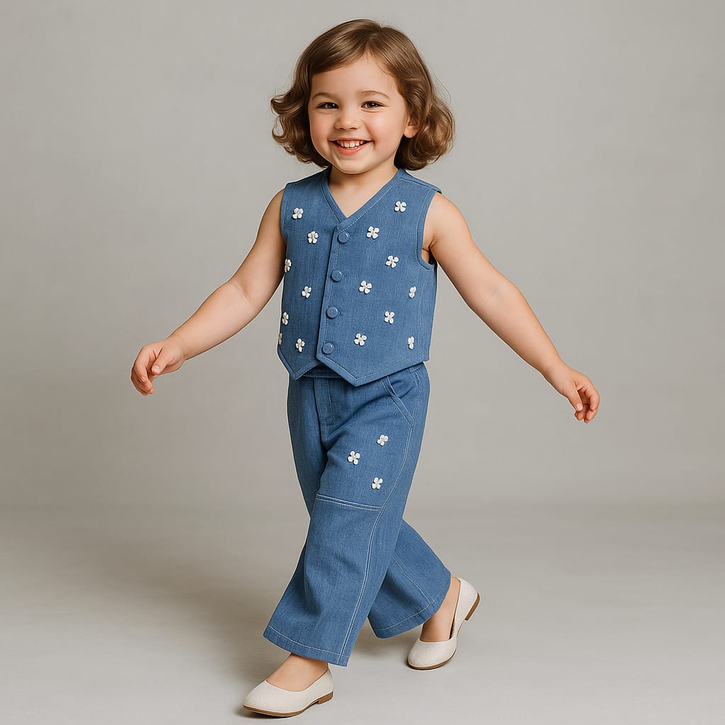 Pre Order: Front-Open Denim Blue Top With Pocket Detail Pant