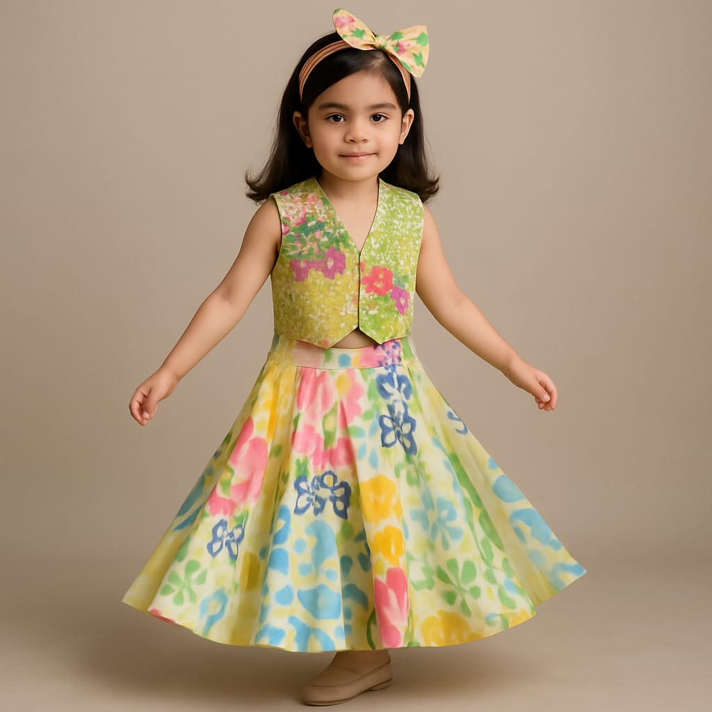 Pre Order: Embroidered Waist Coat Style Top With Skirt Style Lehenga