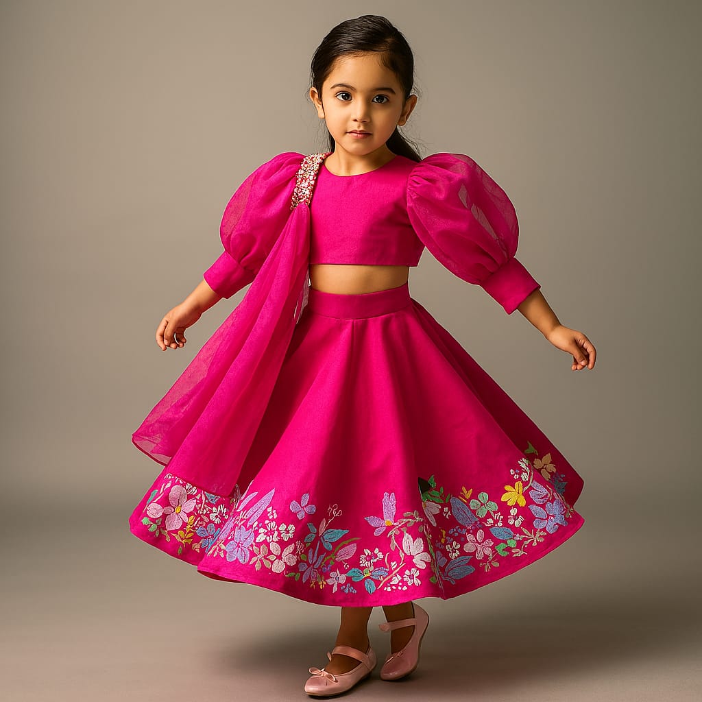 Pre Order: Pink Stylish Round Neck Top With Skirt And Dupatta