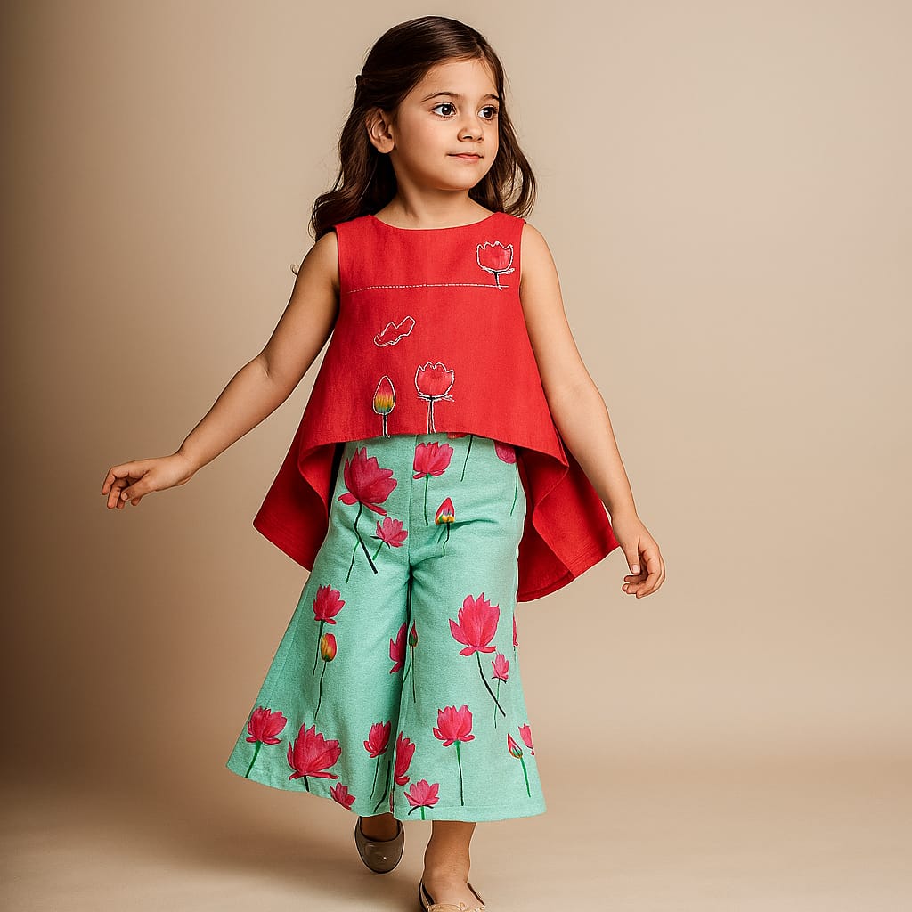 Pre Order: Embroidered Top With Stylish Bottom Flare And Printed Palazzo