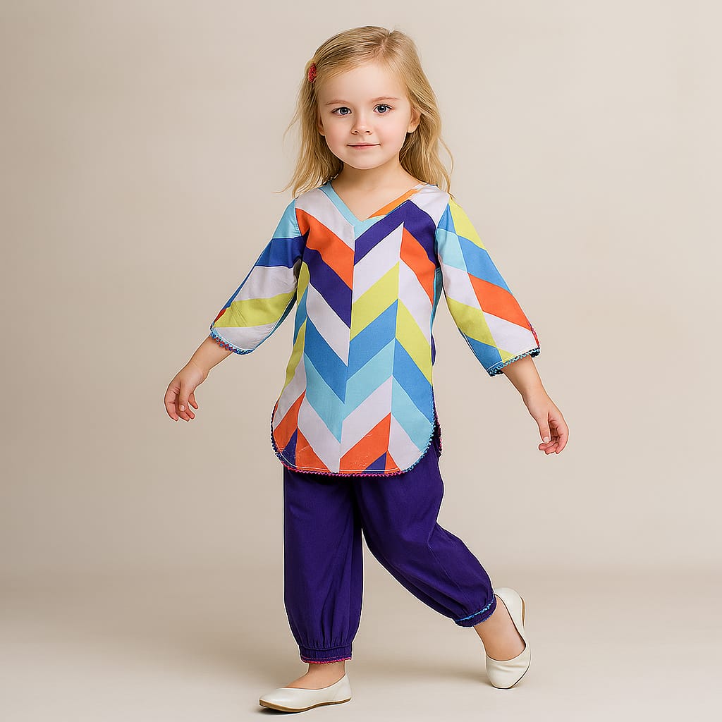 Pre Order: Pom Pom Lace Detail Stylish Hem Multicolour Kurti And Purple Patiala