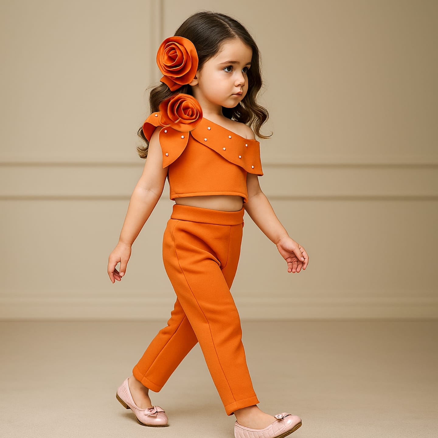 Pre Order: Orange Rose One Shoulder Crop Top and Matching Pant