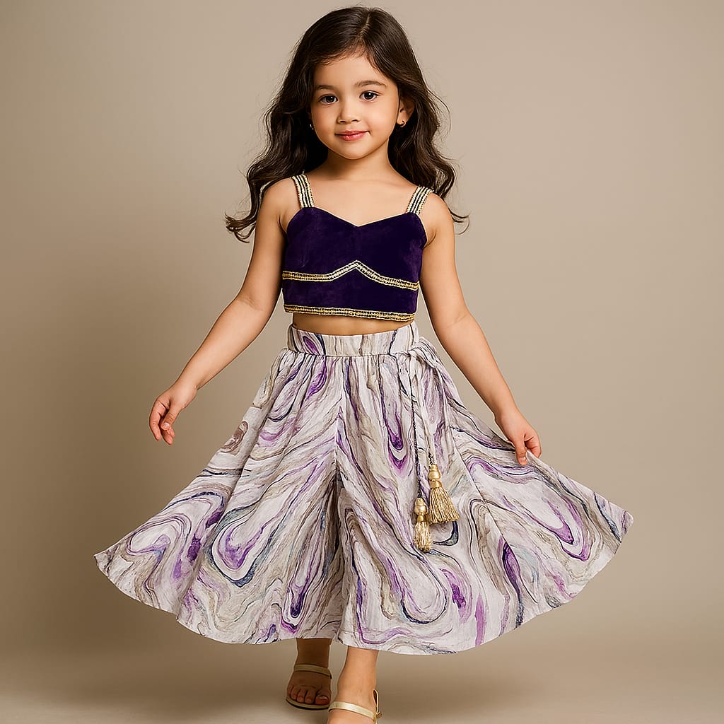 Pre Order: Sequin Lace StrapTop In Purple, With Printed palazzo
