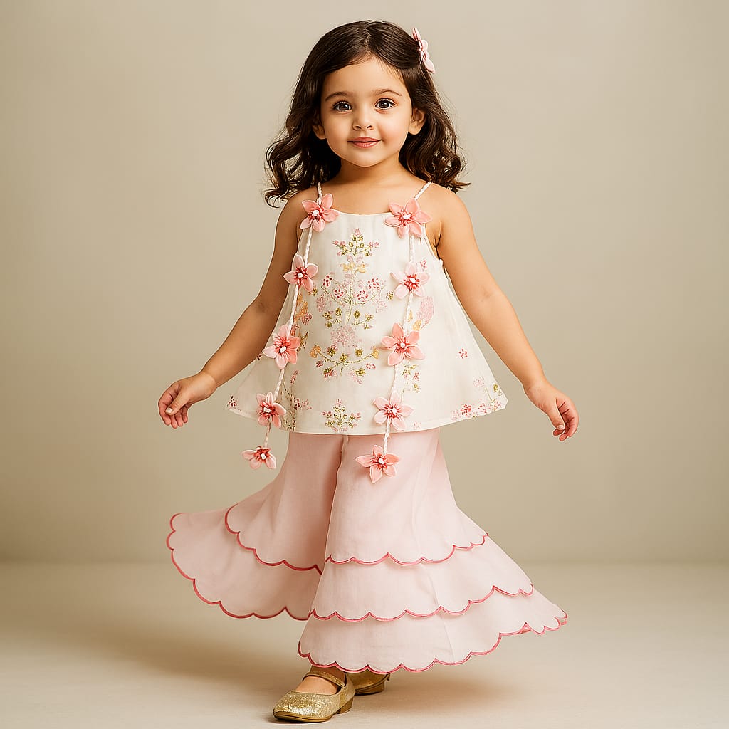 Pre Order: Flowers Adorned White Floral Embroidered Top With Pink Palazzo