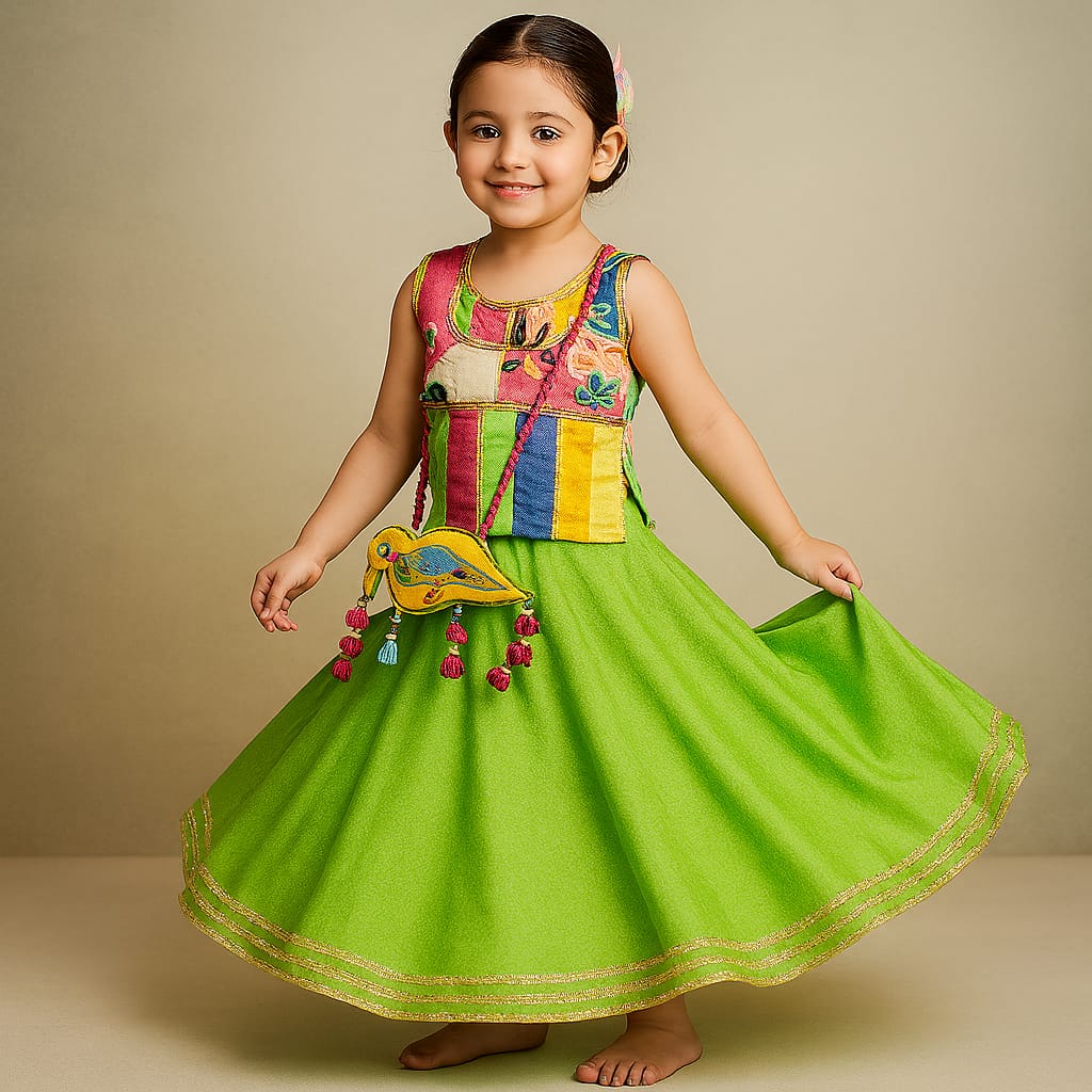 Pre Order: Multicoloured Stylish Kurta With Green Lehenga