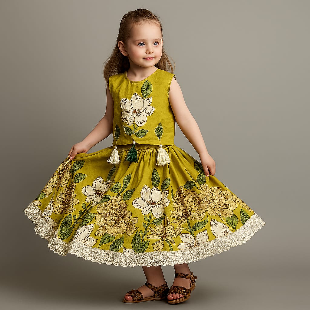 Pre Order: Mustard Yellow Floral Crop Top and Lehenga