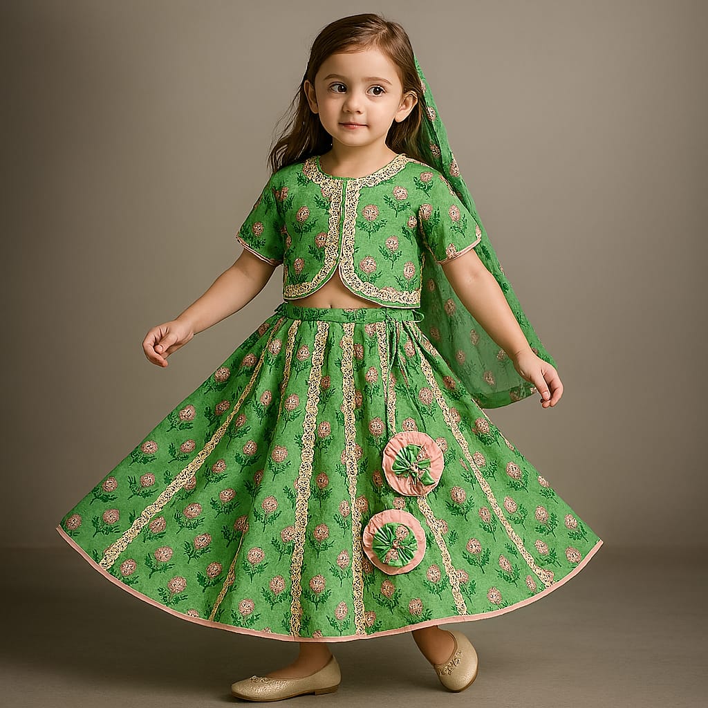 Pre Order: Lace Green Floral Top With Ghagra And Dupatta