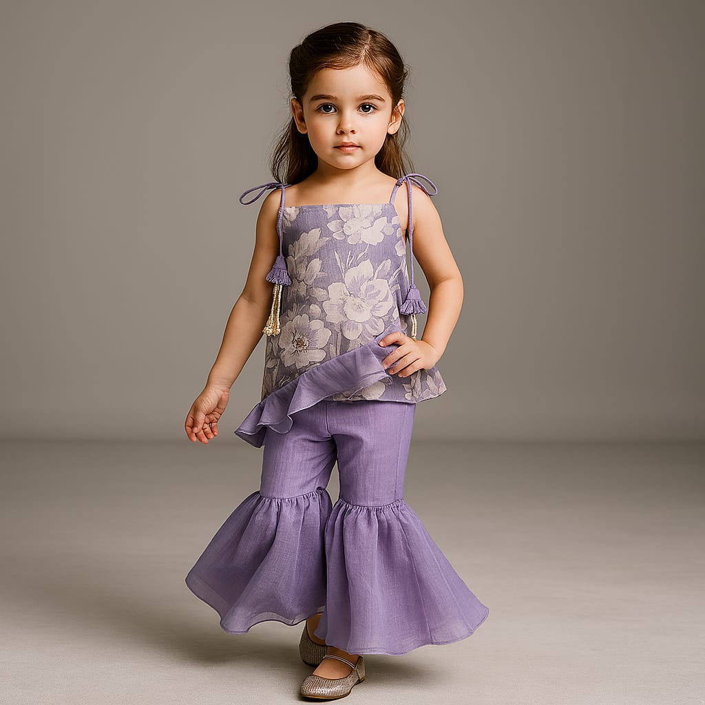 Pre Order: Beautiful Purple Floral Printed Ruffled Top With Sharara