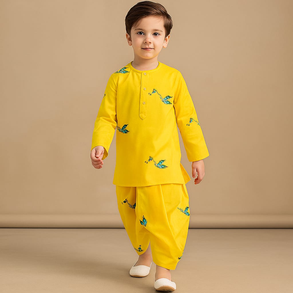 Pre Order: Yellow Embroidered Kurta And Dhoti Style Pant