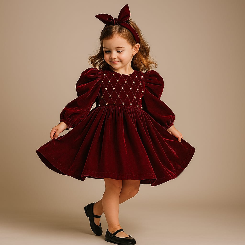 Pre Order: Velvet Dress With Pearl And Threadwork Detailing