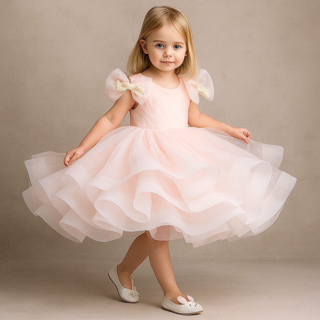 Pre Order: Bows Enhanced Ruffle Layered Net Dress