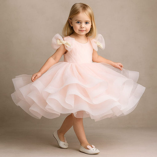 Pre Order: Bows Enhanced Ruffle Layered Net Dress