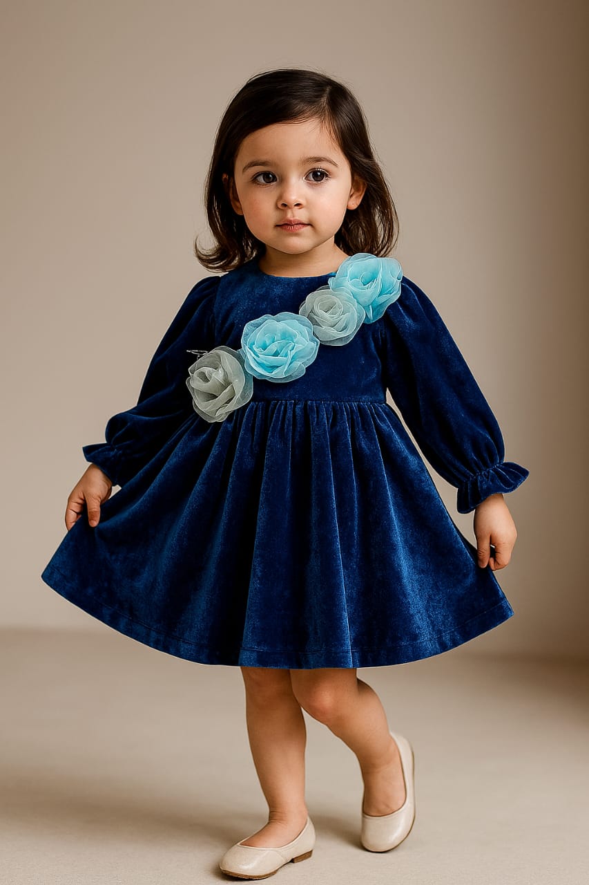 Pre Order: Organza Flowers Adorned Navy Blue Velvet Dress