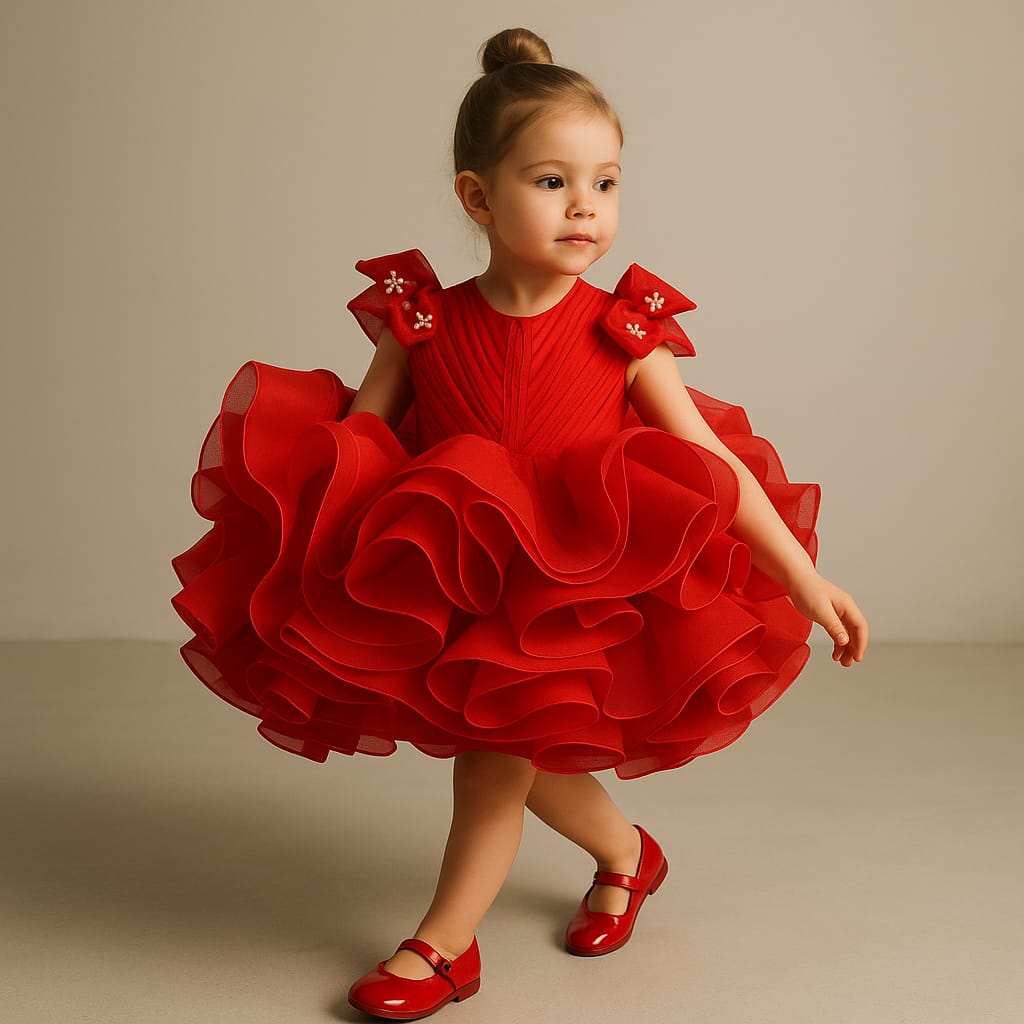 Pre Order: Bows Enhanced Ruffle Layered Red Net Dress