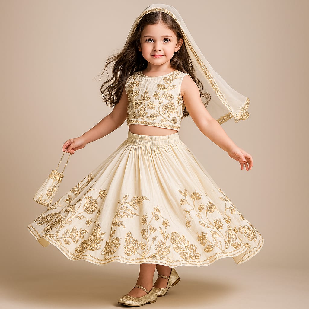 Pre Order: Embroidered Top With Gota Work Lehenga And Net Dupatta