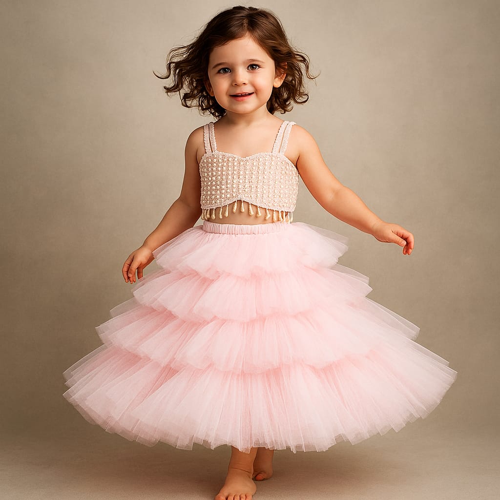 Pre Order: Pink Stylish Strappy Top And Ruffle Net Lehenga