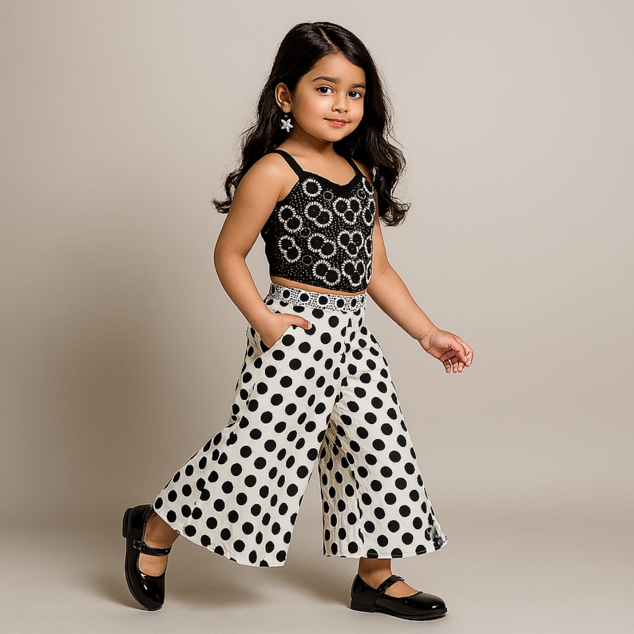 Pre Order: Black Hand Embroidered Top With Polka Dot Palazzo