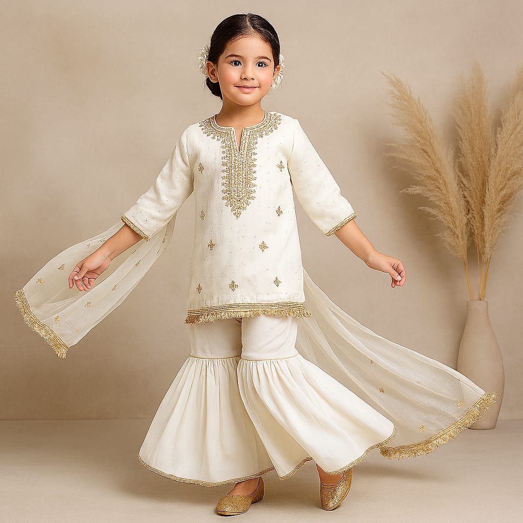 Pre Order: Elegant Faux Mirror Embroidered Chanderi Kurti With Sharara And Dupatta