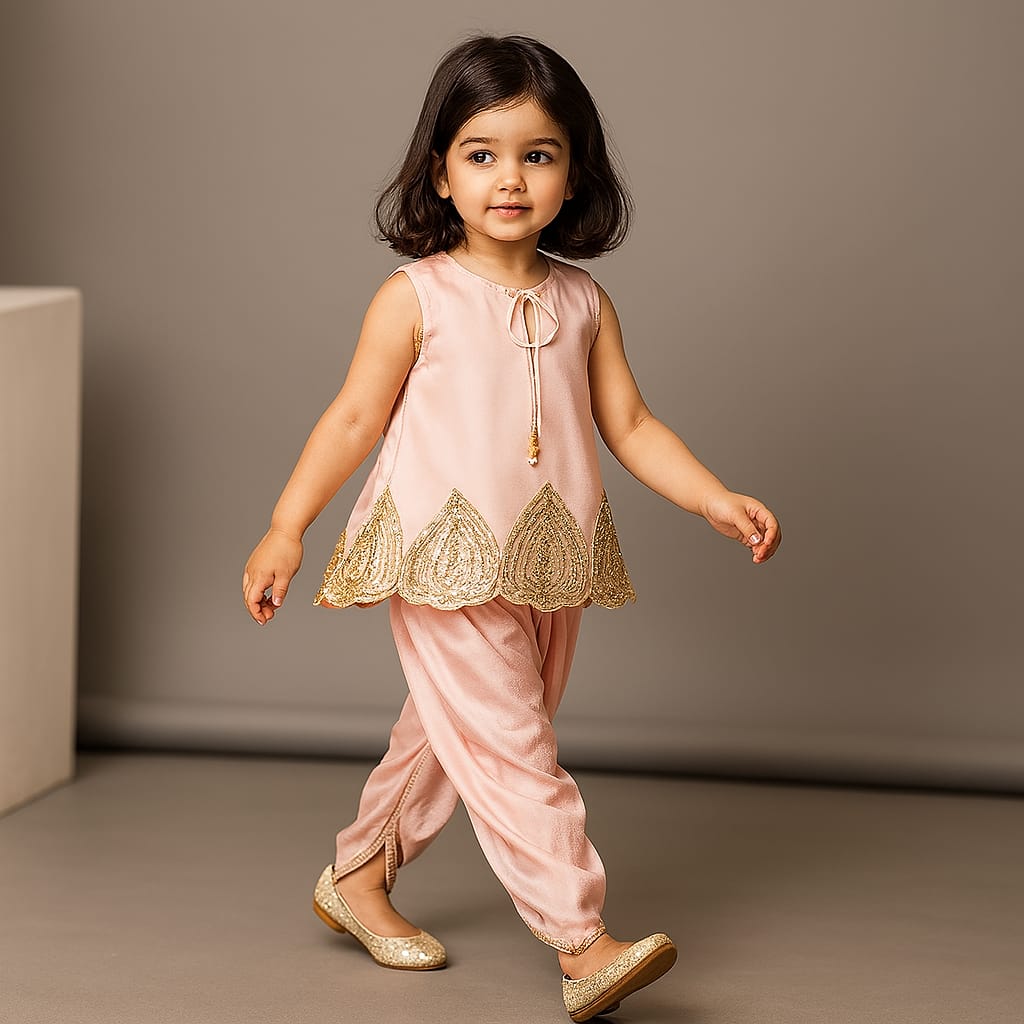 Pre Order: Pink Sequin Embellished Kurti With Dhoti