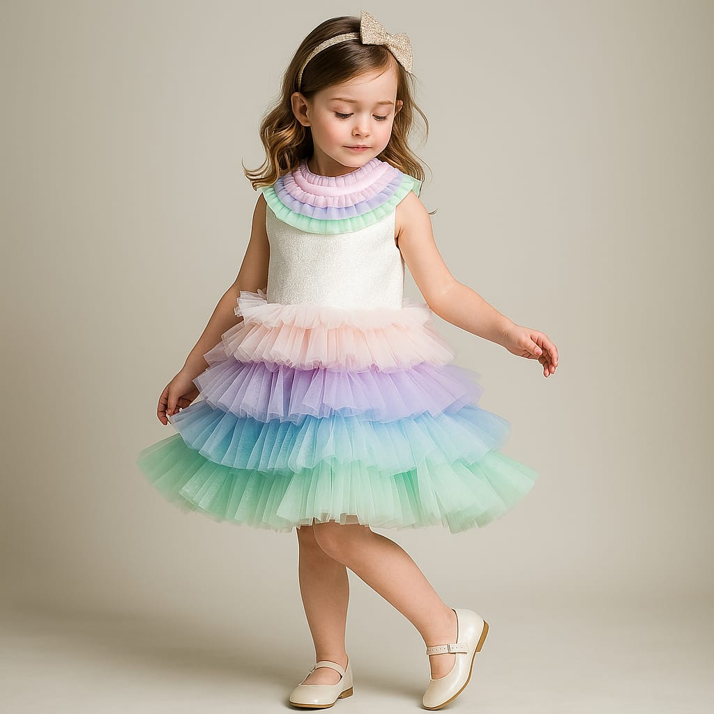 Pre Order: Multi Colour Frilly Net Dress With Matching Hair Band