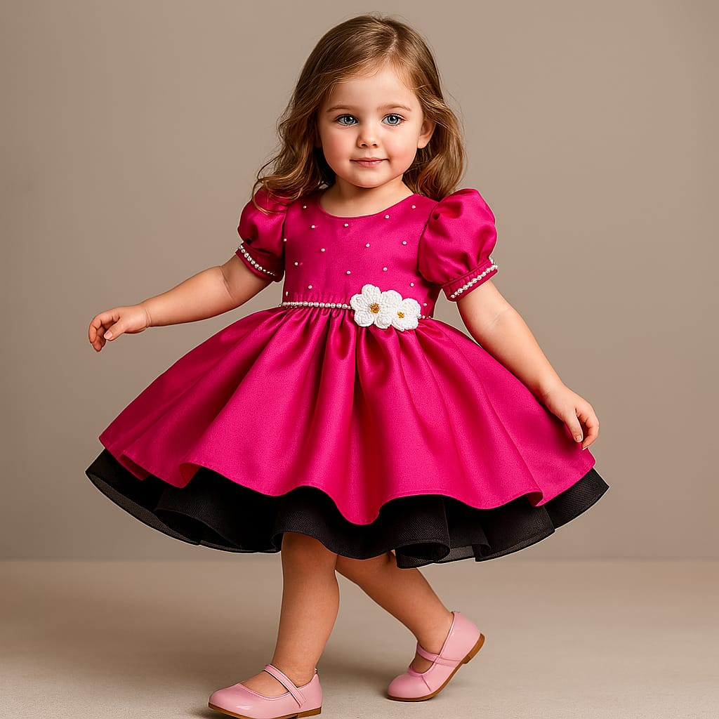 Pre Order: Bead And Sequin Embroidered Floral Patch Work Hot Pink Dress