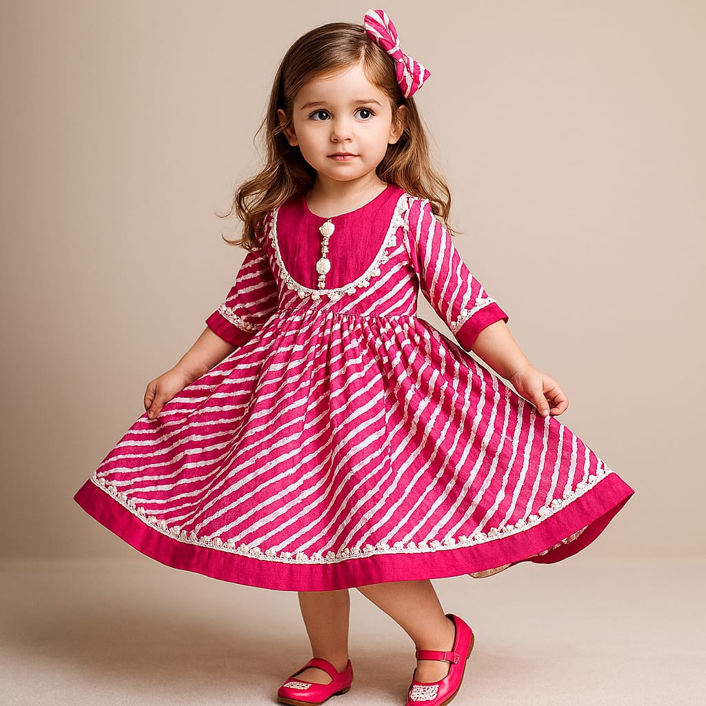 Pre Order: Elegant Pink Leheriya Printed Dress