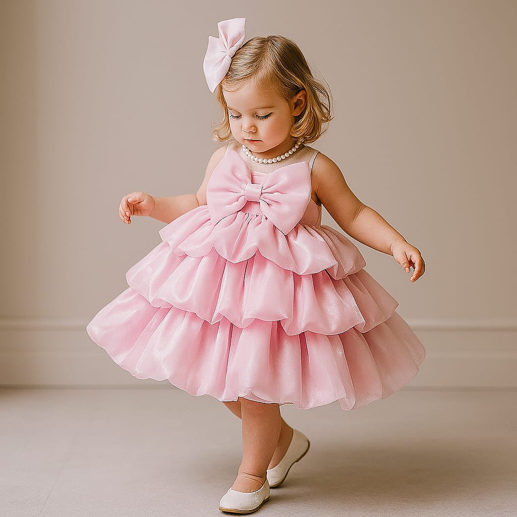Pre Order: Bow Adorned Triple Layered Pink Shimmery Dress