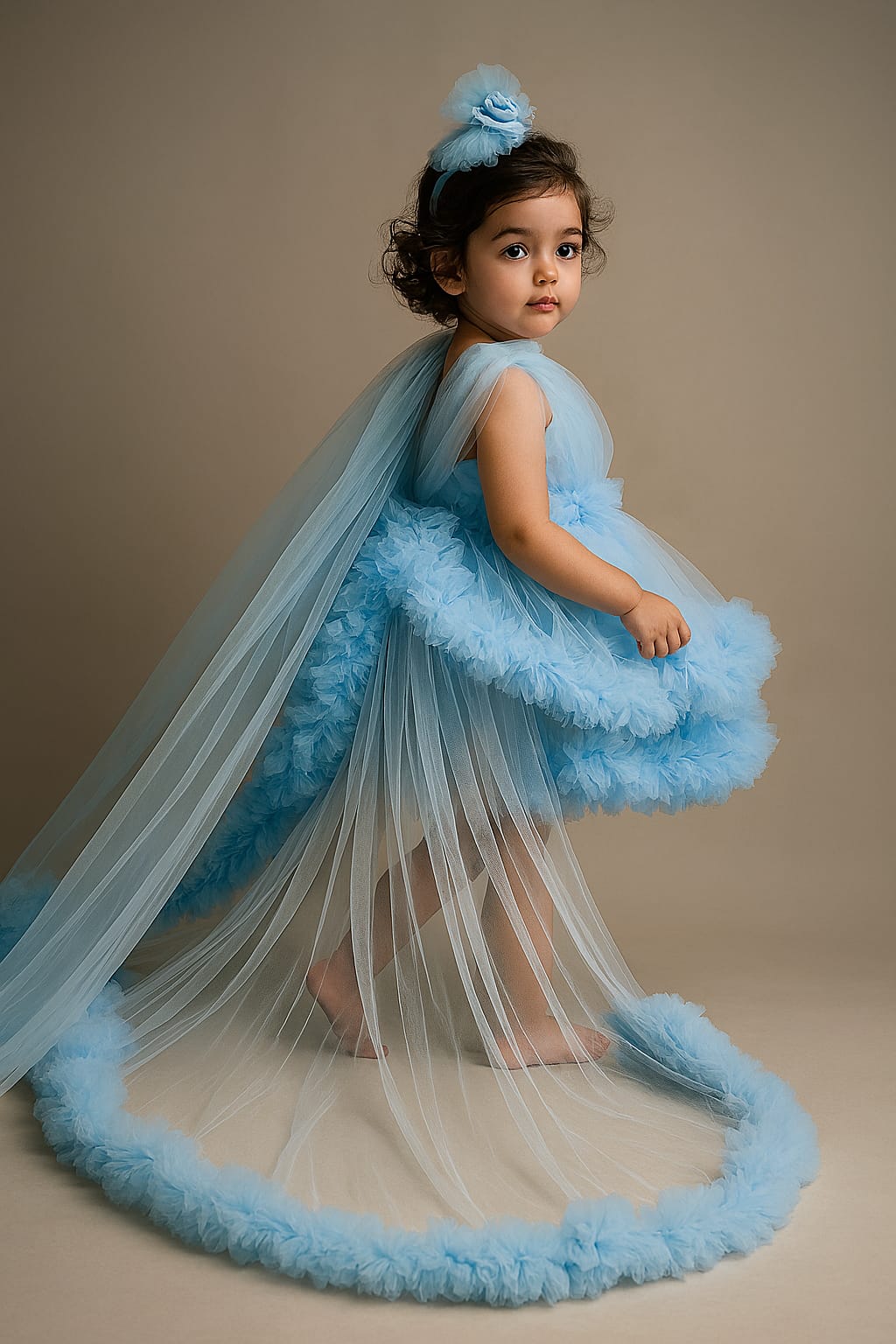 Pre Order: Powder Blue One Shoulder Ruffled Dress With Detachable Drape