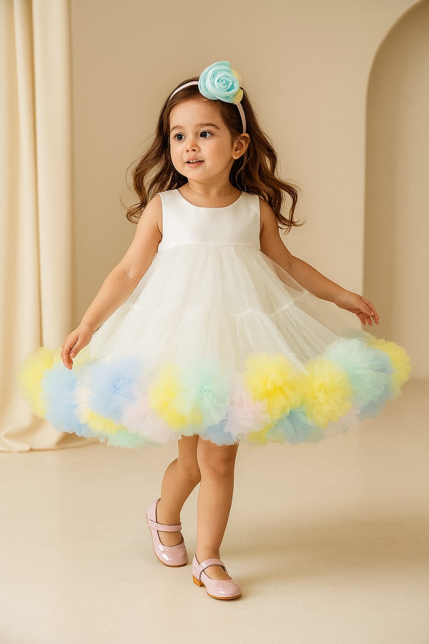 Pre Order: White Dress With Multicolour Ruffled Hem And Matching Bowie Hair Band