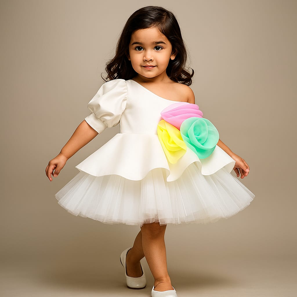Pre Order: Colourful Flowers Adorned One Shoulder Dress
