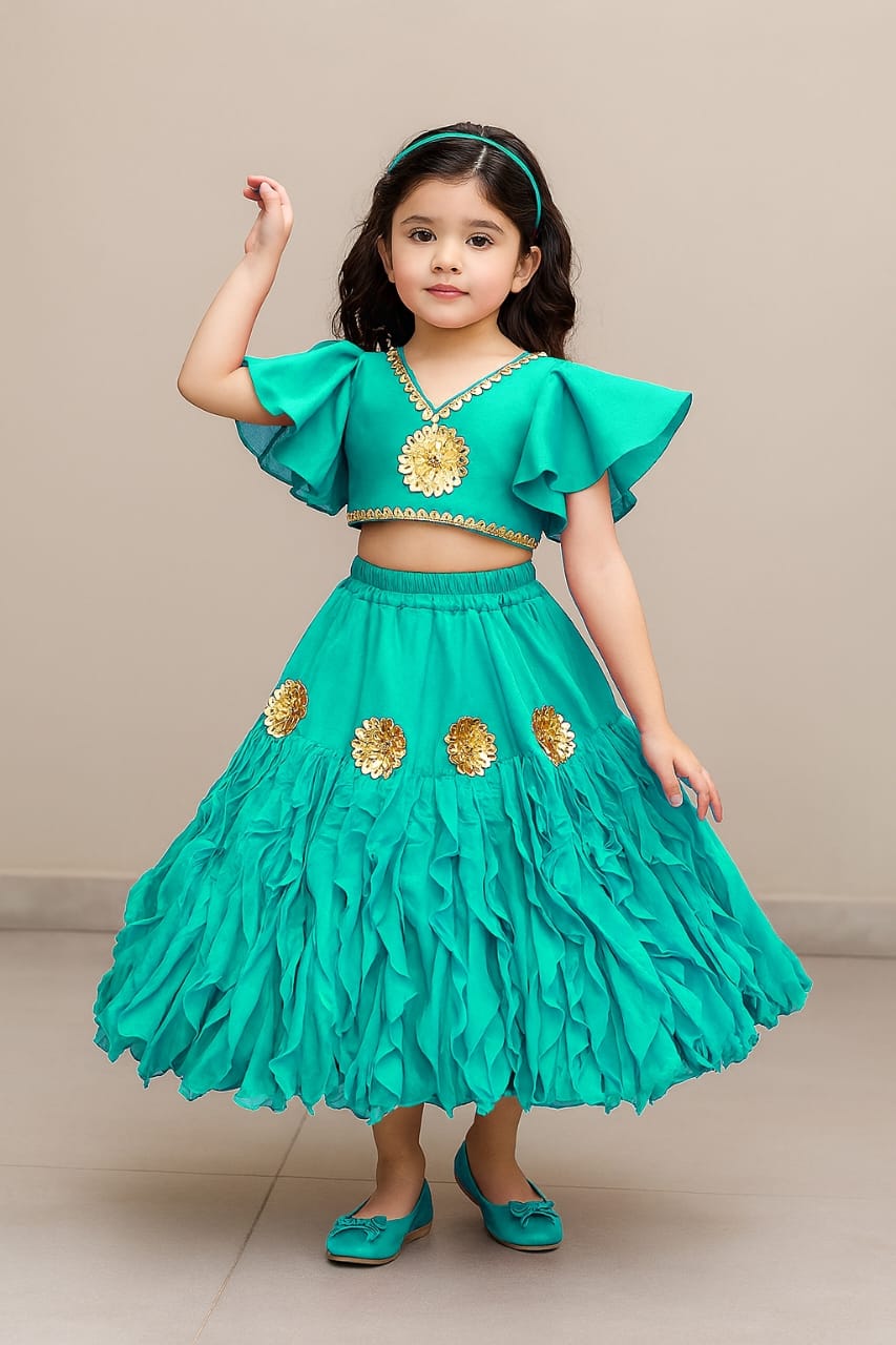 Pre Order:Frilly Sleeves V Neck Teal Blue Layered Drape Top And Stylish Lehenga