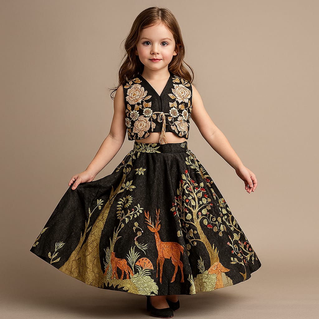 Pre Order: Printed Crop Top With Embroidered Jacket And Lehenga